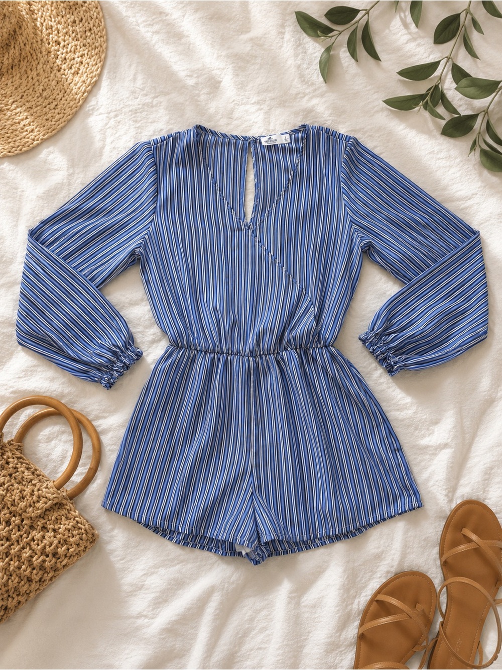 Hollister Navy and White Striped Long Sleeve Romper
